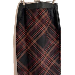New York & Company 7th Ave Brown Plaid Midi Skirt Size 6 Office Faux Leather